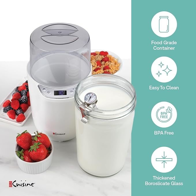 Euro Cuisine YM260 Yogurt Maker with Adjustable Time & Temperature Control, 2-Quart Glass Jar, Free Thermometer & Cotton Strainer Bag, 2025 Edition, White, Make Yummy Organic Probiotic Yogurt at Home