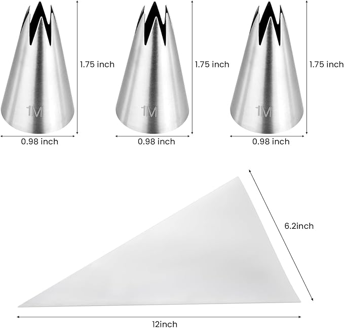 3Pcs 1M Piping Tips,Stainless Steel 1M Star Tips for Piping,Seamless Icing Tips With 10Pcs Disposable Piping Bags for Cake Decorating