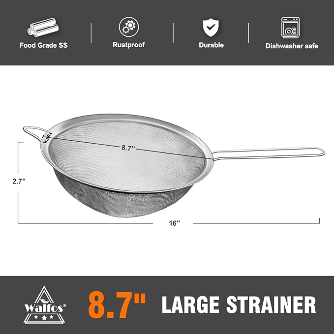Walfos 9 Inch Large Fine Mesh Strainer, Kitchen Metal Food Strainers with Sturdy Handle, Stainless Steel 30 Mesh Sieve Sifters for Rice, Quinoa, Pasta, Fruits, Vegetables, etc.