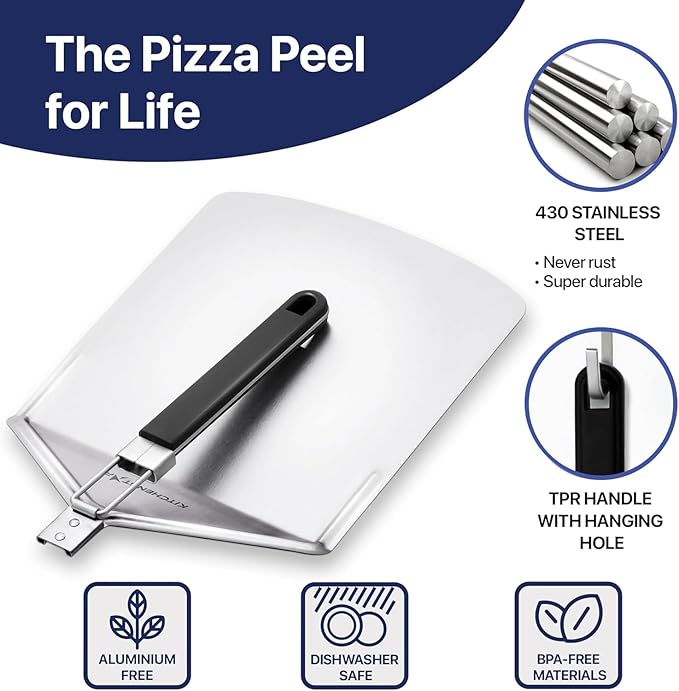 KitchenStar Stainless Steel Pizza Peel 14 inch with 10 inch Folding Handle, Large - Spatula Paddle for Effortless Pizza Transfer & Easy Storrage - Outdoor Pizza Oven Accessories