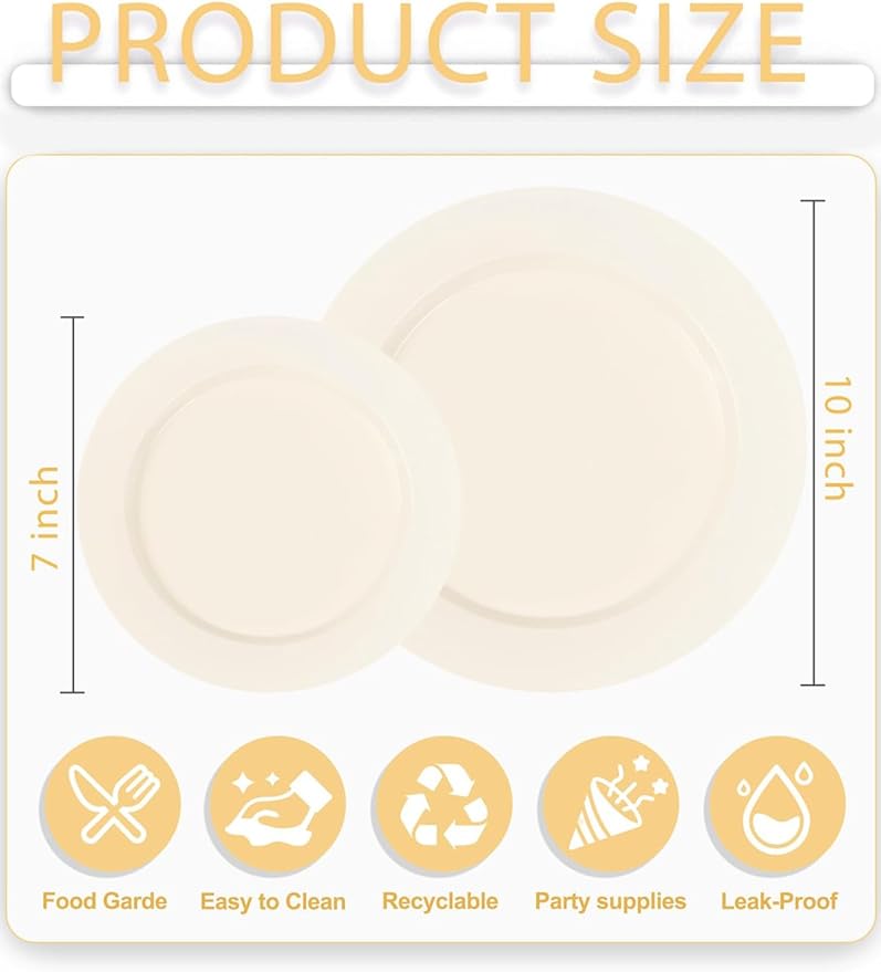 WDF 200PCS Ivory Plastic Plates - Elegant Ivory Disposable Plates for Party- Include 100 Dinner Plate 10’’ and 100 Plastic Dessert Plate 7’’ Perfect for Wedding/Party/BirthdayBaby Shower