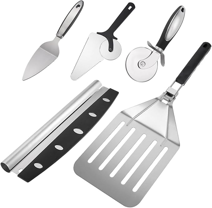 5PCS Pizza Cutter Pizza Peel Pizza Pan Set, Pizza Tool Set for Pizza Cutting And Transfer, Includ Roller Pizza Shovel, Pizza Shovel, Pizza Wheel, Pizza Cutter, Stainless Steel Large Leakage Shovel
