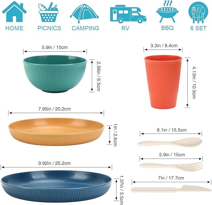 OAMCEG Wheat Straw Dinnerware Sets 42pcs, Plates and Bowls Sets for 6, Plastic Wheatstraw Dinnerware Set for Kitchen & Camping, Plates and Bowls Dish Set, Colorful