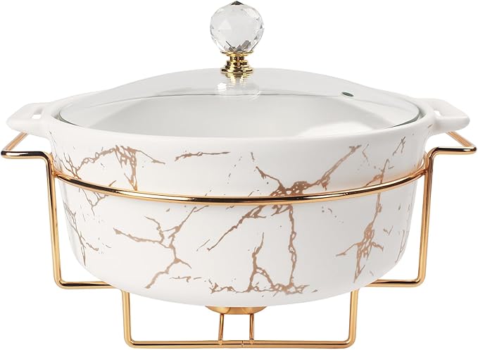 9-inch Ceramic Casserole with Glass Lid and Gold Rack, 2.6-Quart Stockpot, Buffet Hot Pot, Family Food Warming Tray, Party Catering Casserole