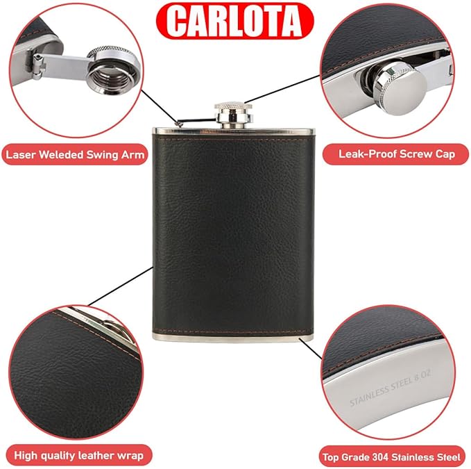 Hip Flask Gift Set, Hip Flasks for Liquor for Men with Black Leather Cover, 8 Oz Hip Flask Set, 18/8 Stainless Steel Hip Flasks for Liquor with 2 Cups & Funnel, Flasks for Liquor for Men Gift Box1