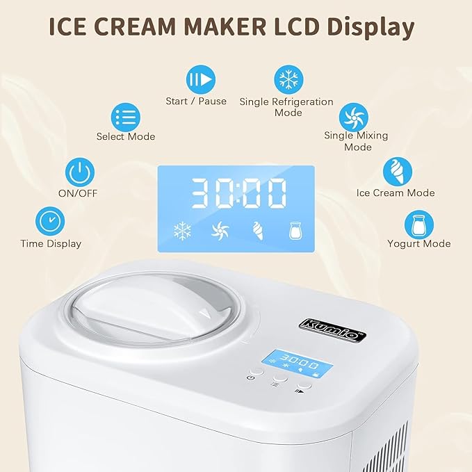 KUMIO Ice Cream Maker with Compressor, No Pre-Freezing, 4 Modes Ice Cream Maker Machine with LCD Display, Timer (1.25 Quart)