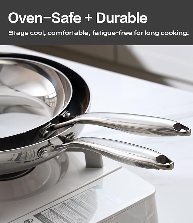Stainless Steel 8 Inch Frying Pan NonToxic Tri-play Non-toxic Skillets Professional Cookware with Stainless Lids,Stay Cool Handles,Induction Dishwasher & Oven Safe PFOA Free