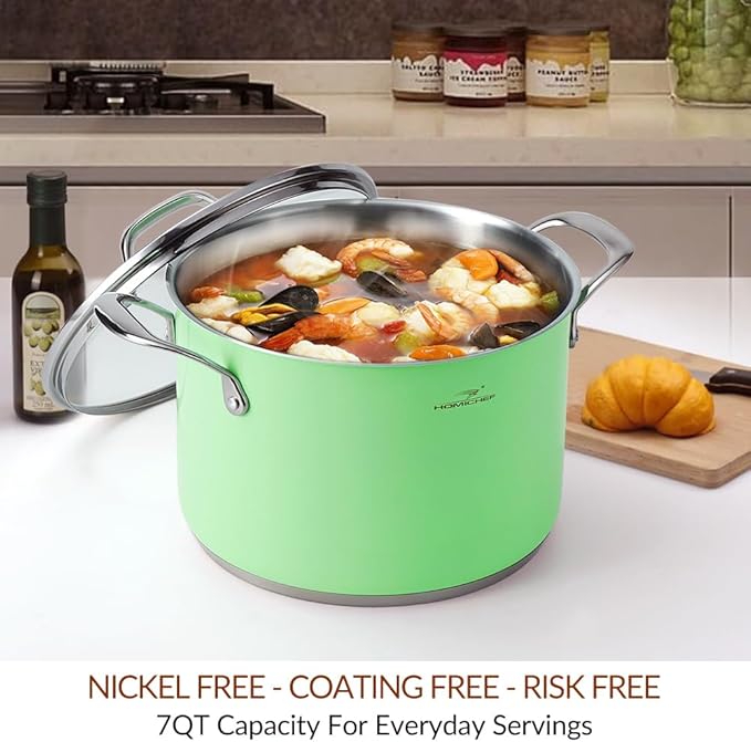 HOMICHEF 7 Quart Nickel Free Stainless Steel Stock Pot - Mint Green Non-Toxic 9.5 Inch Stockpot with Glass Lid - Coating Free Heavy Duty Induction Soup Pot for Cooking