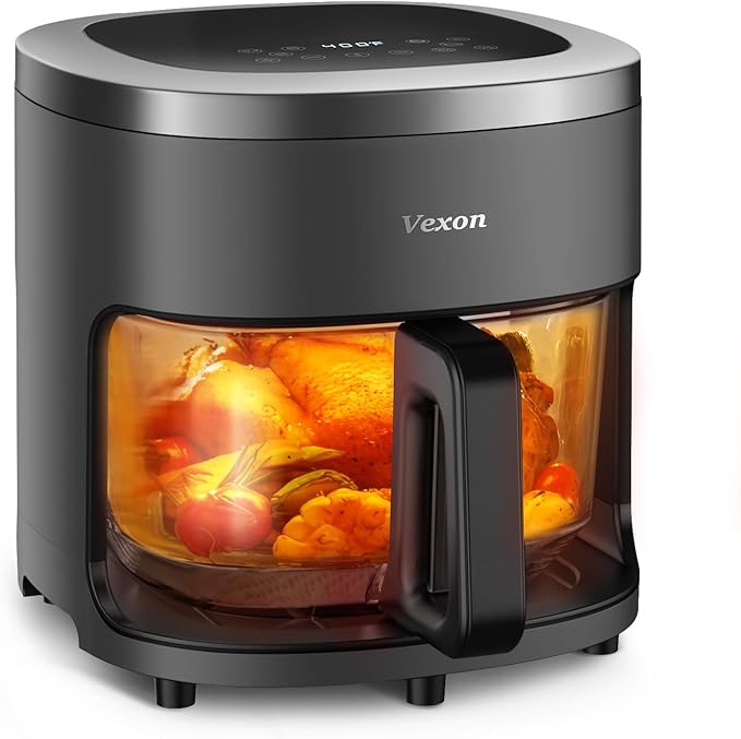 6-IN-1 Glass Air Fryer,4.5QT Air Fryer with Viewing Glass Pot, Air Fry, Dehydrate, Air Crisp Technology,Nonstick & Dishwasher Safe Basket,97% Less Oil,Features Digital Timer (Gray)