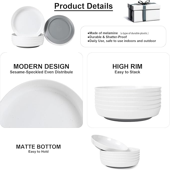 Webbylee 8.25" Melamine Pasta Bowls Set of 6-28oz Melamine Large Salad Bows,Durable Serving Bowls for Cereal, Fruit, Soup,Deep Enough for Kitchen and Dining White/Grey