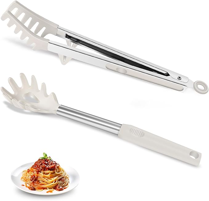Silicone Spaghetti Spoon and Pasta Tong, Heat-Resistant Noodle Spoon Server, 13“ BPA-Free Spaghetti Strainer, Fork with Teeth and Stainless Steel Handle, Food-Grade Clip for Pasta, Beige
