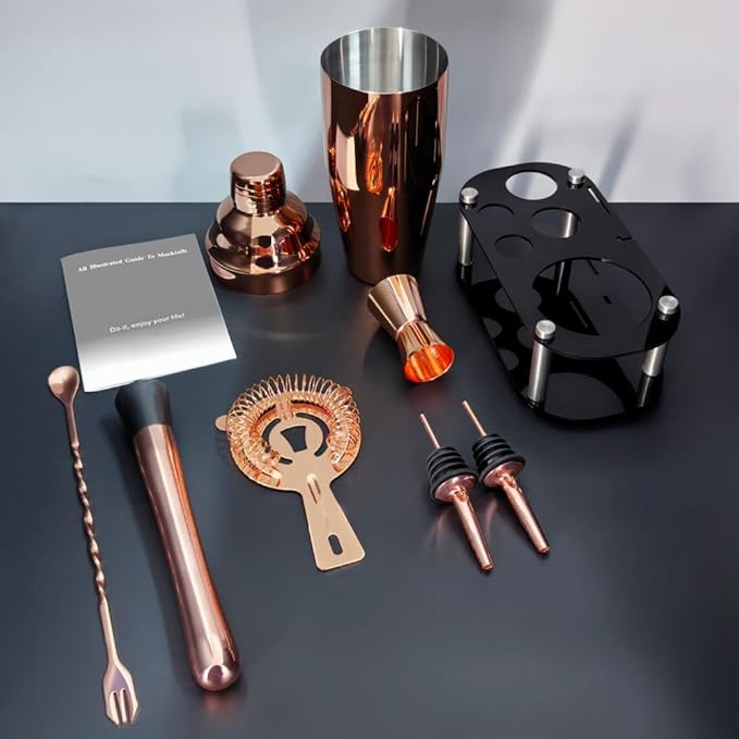 Cocktail Shaker Set, Bartender Kit, Cocktail Shaker with Stand, Drink Mixing Includes Martini Shaker,Strainer,Jigger,Bar Mixer Spoon,Muddler, Pourer, Bar Tool Set  (Rose Gold)