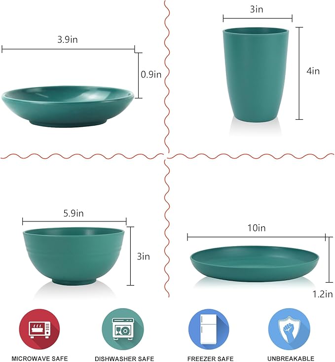 wheat straw bowls,plates,cups and cutlery sets 28 pcs - Dishwasher safe dish sets for kitchen, camping, indoors and outdoors.Green