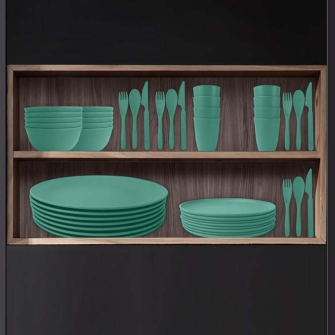 64-Piece Service for 8 Dinnerware Set - Unbreakable Wheat Straw Dinnerware sets of 64 - Dinner plates/Snack plates/Cereal bowls/Drinking Cups/Cutlery for Outdoor camping and indoors.Green