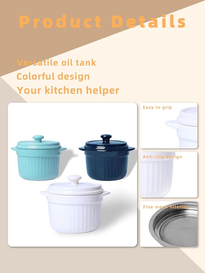 Ceramic Bacon Grease Container with Strainer, 20 oz Cooking Oil Storage Can Grease Keeper for Kitchen, Bacon Grease Keeper with Easy-Grip Handle (White)