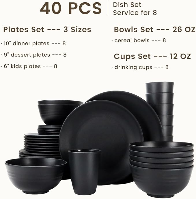 Homienly 40-Pieces Wheat Straw Dinnerware Set, Kitchen Plastic Wheat Straw Dinnerware Set - Service for 8, Unbreakable Lightweight Dish Set for Kitchen, Camping - Plates Set, Bowls, Cups Set(Black)