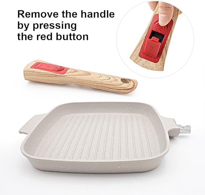 Griddle Pan with Lid, 10 Inch Cast Aluminium Non Stick Steak Pan with Detachable Handle for Induction Hob, White