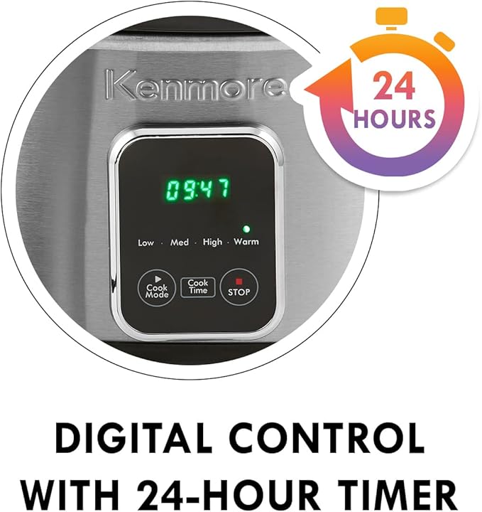 Kenmore 7 Quart Slow Cooker - Programmable crock pot with Dipper, Stainless Steel Electric Cookers, Warm Rice & Sous Vide Stew Soup For Lunch, Dishwaher Safe Non-Stick Ceramic Insert, Digital Control