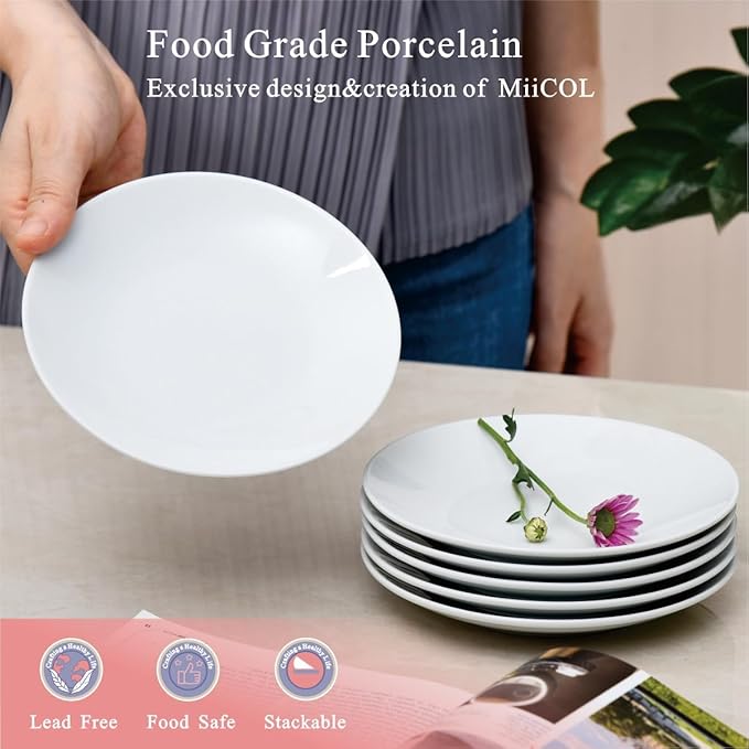 Miicol Small Dessert Plates Set of 6, Ceramic White Appetizer Plates 6 Inch, Mini Porcelain Serving Plate for Cake, Bread, Salad, Snack