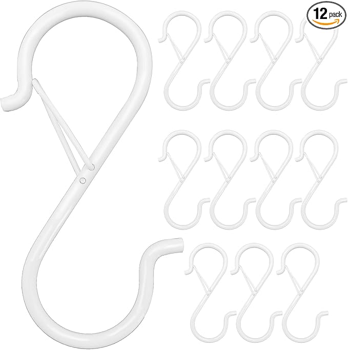 12PCS S Hooks for Hanging,3.5 Inch Heavy Duty Closet Hooks with Safety Buckle,Closet Hooks Hanging for Plants,Clothes,Kitchen Utensil,String Lights,Handbags,Belt, Hat, Cup, Tie (White)