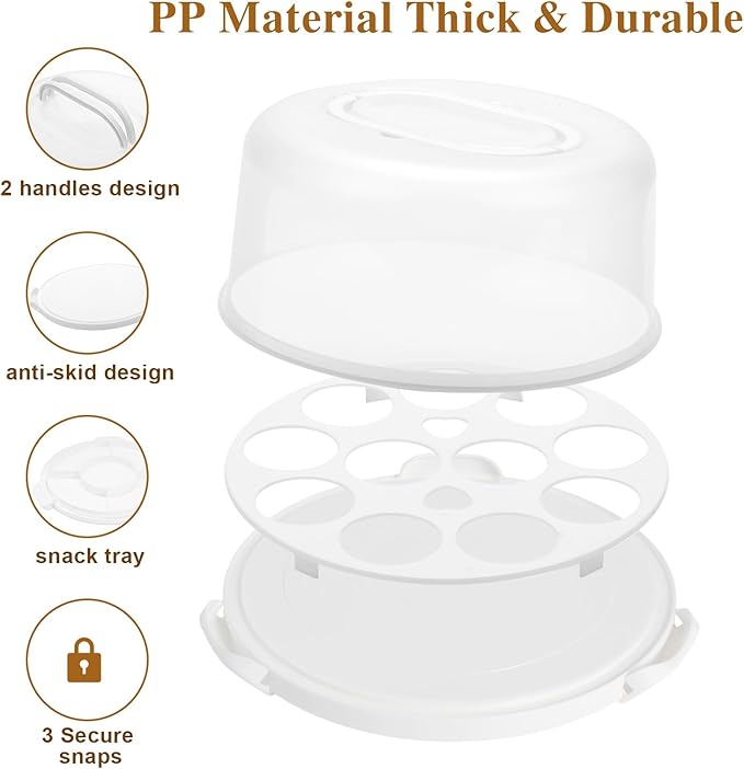 Cake Carrier with Lid and Handle, Multipurpose Cake Stand Fits 10 inch Cake, Cupcake Containers for 11 Cupcakes,Cake Holder Serves as Five Section Serving Tray, Portable Cake Carriers, White