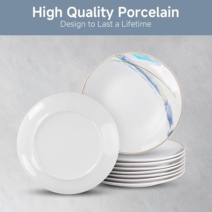 Ceramic Dinner Plates Set of 8, 10 inch, Salad Plates, Pizza Plates, Dinnerware Sets, Microwave & Dishwasher Safe, Fantasy Series, Gold Rim