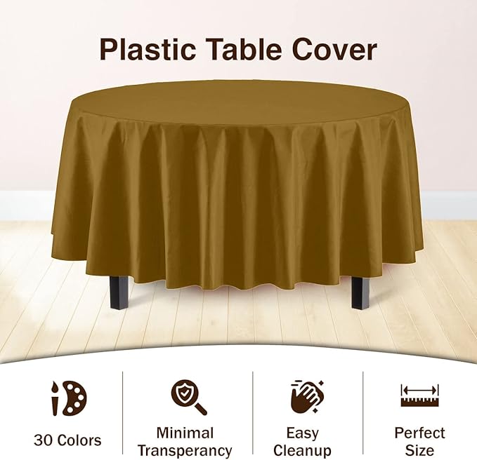 12-Pack Premium Plastic Tablecloth 84in. Round Table Cover - Gold