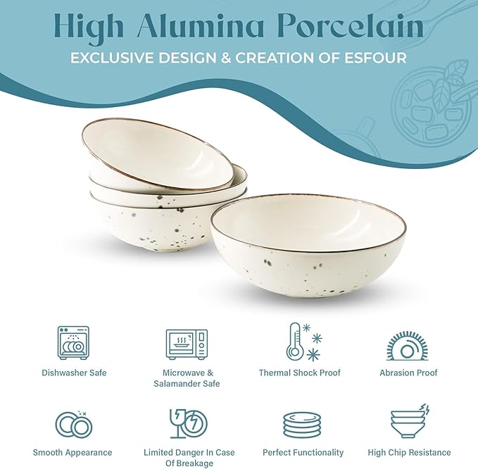 Esfour Premium Porcelain Bowl Collection | Durable, Microwave & Dishwasher Safe | Ideal for Cereal, Pasta, Salad & Desserts (Classic Assorted Color, Cereal Bowl 4pcs)