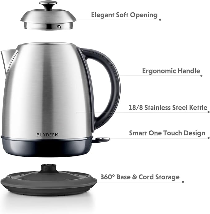 BUYDEEM K640 Stainless Steel Electric Tea Kettle with Auto Shut-Off and Boil Dry Protection, 1.7 Liter Cordless Hot Water Boiler with Swivel Base, 1440W,Retro Silver