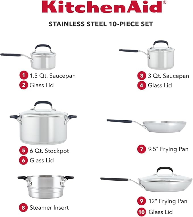 KitchenAid Stainless Steel Cookware/Pots and Pans Set, 10 Piece, Brushed Stainless Steel