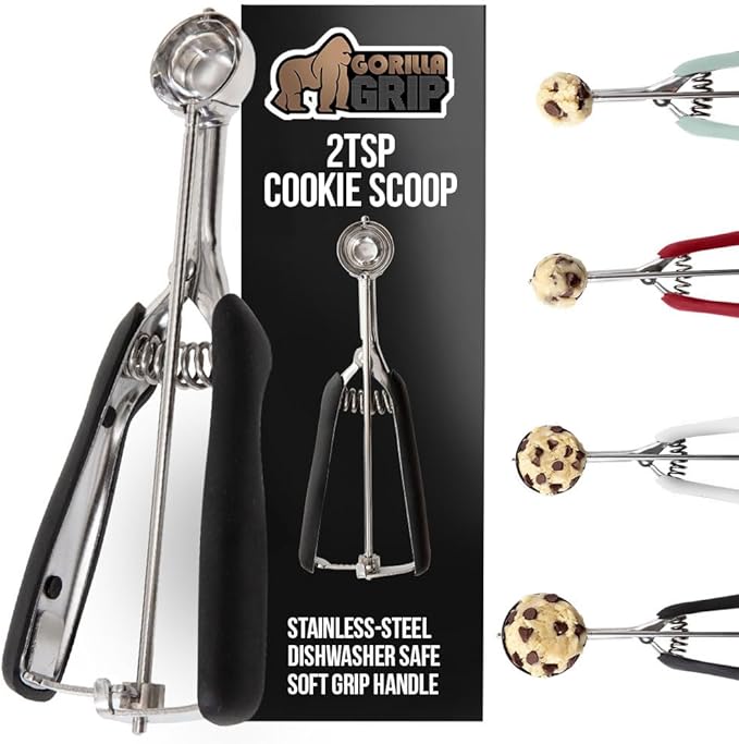 GORILLA GRIP Stainless Steel Cookie Scoop for Baking, 2 TSP, Multipurpose Melon Baller, Meatball Spring Scoops, Perfect Portion Sizes, Easy Food Release, Scooper Size 100, BPA-Free Kitchen Tool, Black