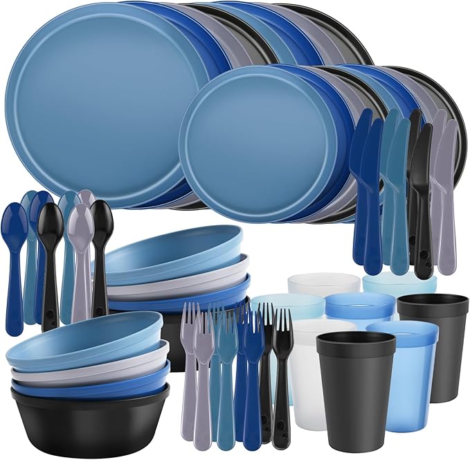 Modern Dinnerware Set – 40-Piece Plastic Plates and Bowls Set for 8, Reusable Unbreakable Dishes with Cups, Forks, Knives and Spoons, for Camping, Picnic or Daily Use