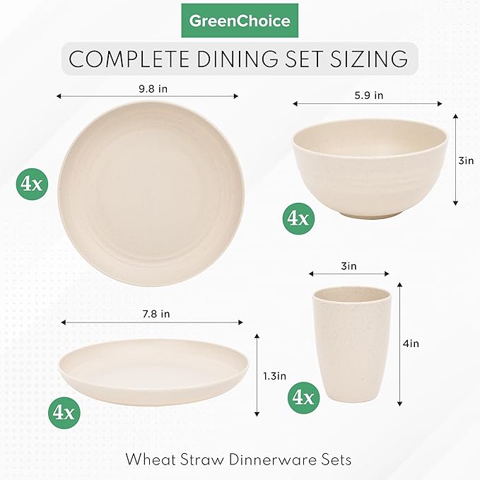 Wheat Straw Dinnerware Sets for 4 - GreenChoice Lightweight & Unbreakable Dishes Microwave & Dishwasher Safe Perfect for Camping, Picnic, RV, Dorm Plates, Cups and Bowls (Beige)