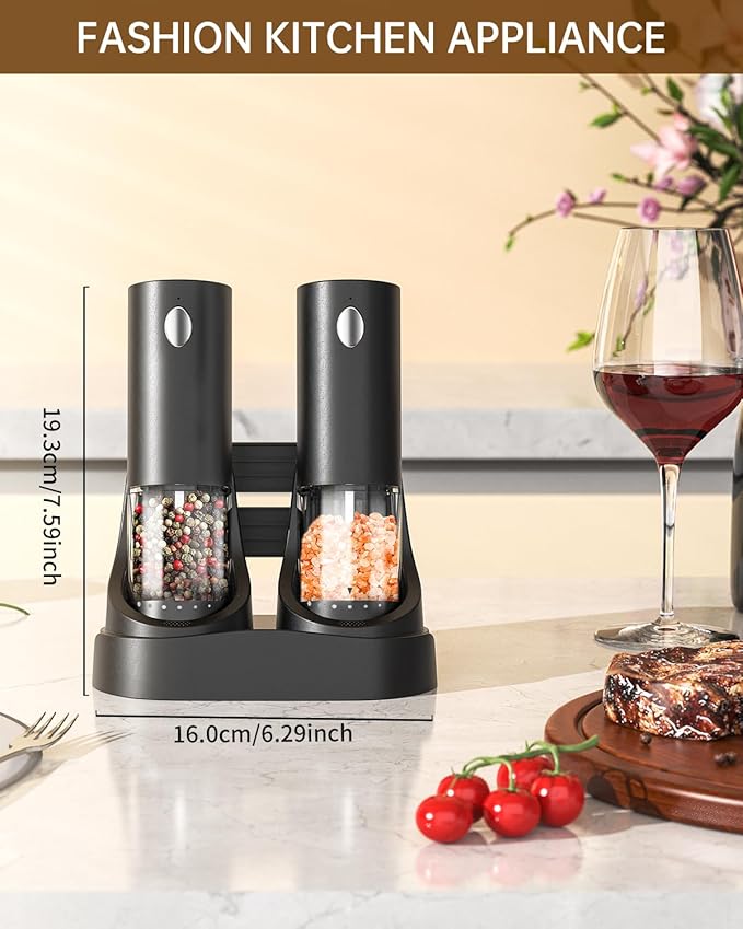 CIRCLE JOY Electric Salt and Pepper Grinder Set Automatic Salt and Pepper Grinder Set with Easy-to-Carry Charging Base and LED Light, Adjustable Coarseness, USB Rechargeable, Washable Container, Black