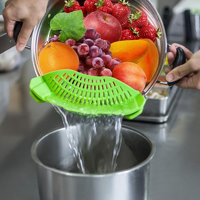 Clip On Strainer Silicone Pots and Pans, AUOON Pasta Strainer Clip on Food Strainer for Meat Vegetables Fruit Silicone Kitchen Colander, Green