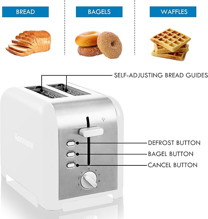 Kenmore toaster 2 slice - extra wide slot countertop kitchen appliance, defrost function, tostador de pan, 9 shade settings, compact design, easy clean crumb tray, bread bagel, stainless steel & White