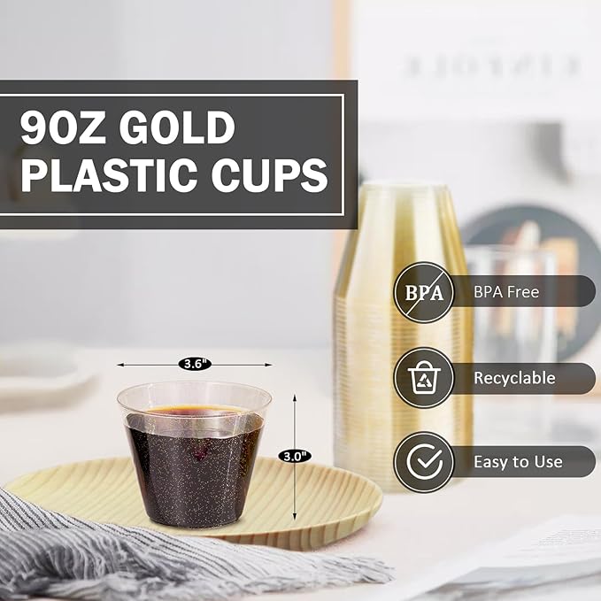 100 Count 9 oz Gold Plastic Cups, Disposable Cocktail Cups for Wedding & Party, Bulk Gold Plastic Tumblers, Fancy Disposable Party Cups for Cold Drinks