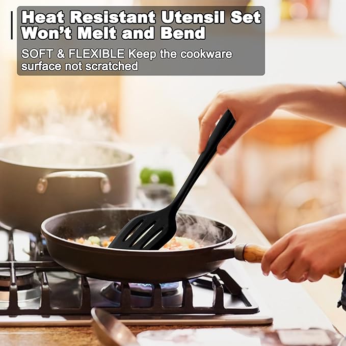 E-far 10 Pieces Silicone Cooking Utensils Set, Heat Resistant Kitchen Utensil Set for Nonstick Cookware, Kitchen Cooking Tools with Spatula, Spoon, Slotted Turner, Non-Toxic & Dishwasher Safe (Black)