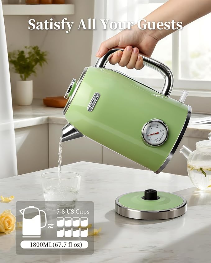 Retro Electric Kettle, 1.8L Hot Water Kettle Electric with Thermometer, 1200W Fast Heating Stainless Steel Tea Kettle for Boiling Water, Cordless, LED Indicator, Auto Shut-Off, Green