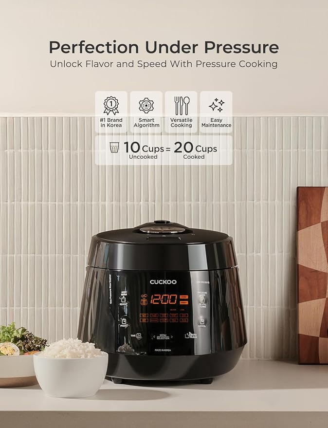 CUCKOO CRP-PK1001S 10-Cup (Uncooked) / 20-Cup (Cooked) Heating Pressure Rice Cooker & Warmer with Nonstick Inner Pot, 13 Menu Options, Fuzzy Logic Tech, Auto Clean (Black)