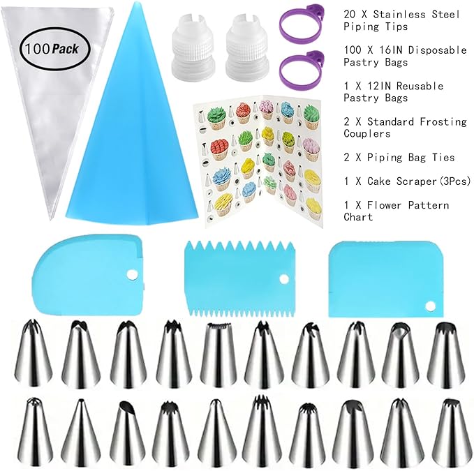 16 Inch Professional Piping Bags and Tips Set – 100Pcs Disposable Pastry Bags with Frosting Nozzles, Cake Decorating Kit for Cupcakes, Cookies, Icing, Perfect for Baking Tools and Kitchen Accessories
