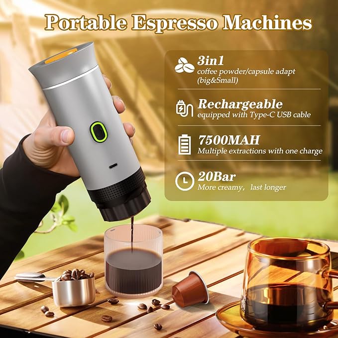 3-in-1 Portable Espresso Maker, Travel Coffee Maker, Self-Heating Car Coffee Maker with USB-C, Small Espresso Machine with Ground Coffee & Capsules (NS&DG) for RV, Hiking, Office (silver)