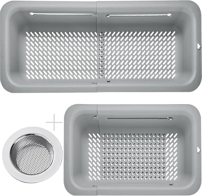 LASSHSWA Collapsible Colander and Strainer for Kitchen, Over the Sink Strainer Basket for Kitchen, Fruit Pasta Food Strainer Expandable Plastic Colander with A Sink Drain Strainer Stainless Steel