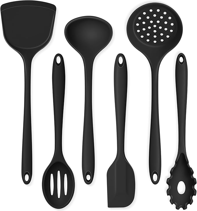 Cooking Utensils Set of 6, Onader Black Silicone Kitchen Cooking Utensils Set for Nonstick Cookware, Non Toxic & Dishwasher Safe