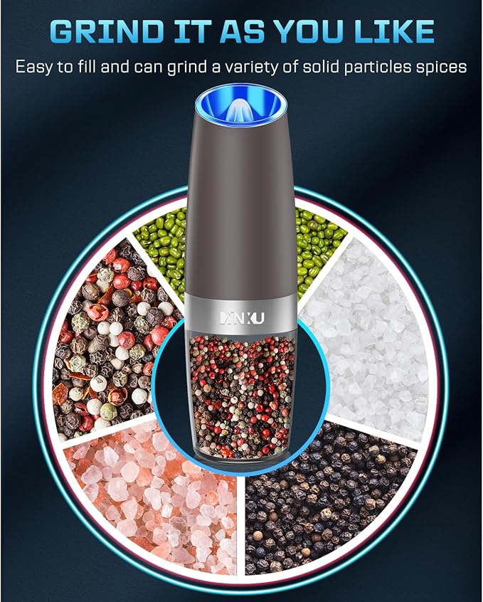 XinXu Gravity Electric Salt and Pepper Grinder Set, Automatic Mill Grinder Shaker,Battery-Operated, Adjustable Coarseness, Stainless Stee, LED Light, One Hand Operated,Brown