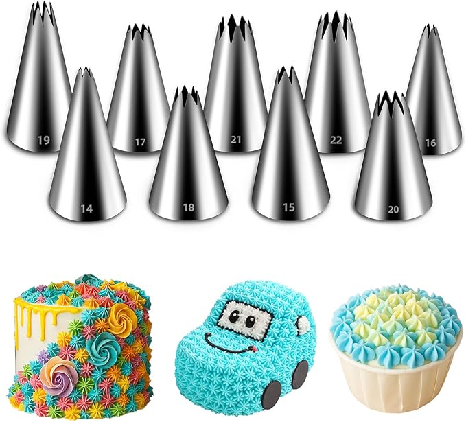 Suuker Open Star Piping Tips Set,9 Pieces French Star Tube Set Frosting Nozzle Kit,Stainless Steel Star Pastry Tips for Cupcakes Cakes Cookies Decorating (Small Size)