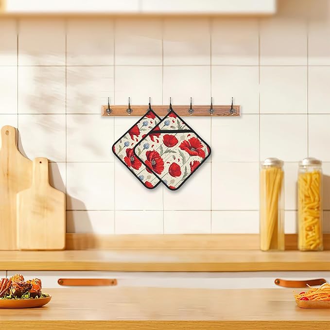 Red Poppy Flowers Pot Holders Set of 2 Heat Resistant Potholders,Fire Oven Hot Pads for Kitchen Cooking Baking Barbecue