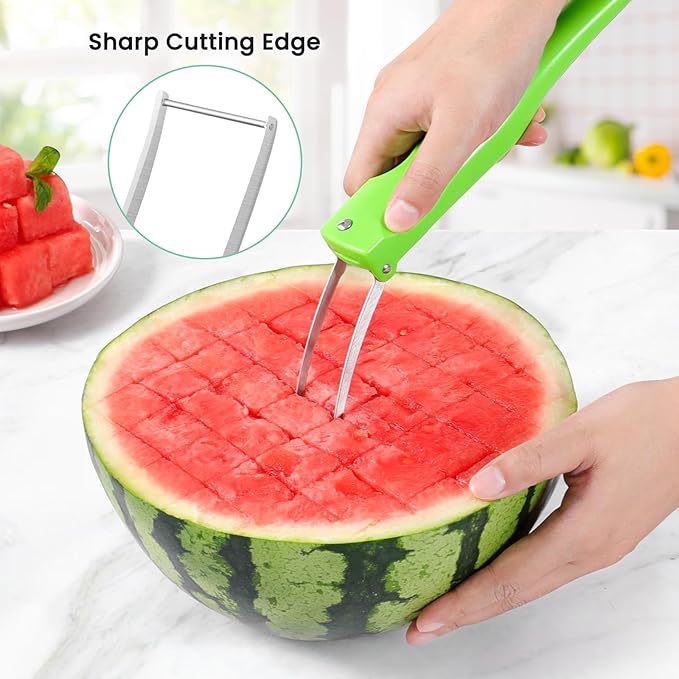 Premium Watermelon Cutter - 3 in 1 Watermelon Cutter Slicer Tool - Foldable Watermelon Slicer - Fruit Cutter for Kitchen Gadgets - Stainless Steel Watermelon Knife - Melon Baller Scoop