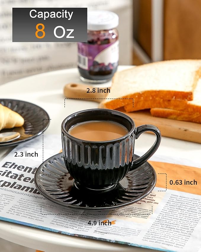 Hasense Ceramic Cappuccino Cups and Saucers - 8 Oz, Large Ribbed Coffee Mugs Set of 4 for Coffee,Tea,Latte and Macchiato, Demitasse Cups Set Aesthetic Gifty, Black