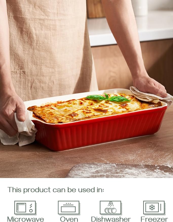 DOWAN 9x13-inch Deep Casserole Baking Dish for Lasagna, 135 oz Ceramic Pan with Handles, Oven Safe for Baking and Home Decor, Red